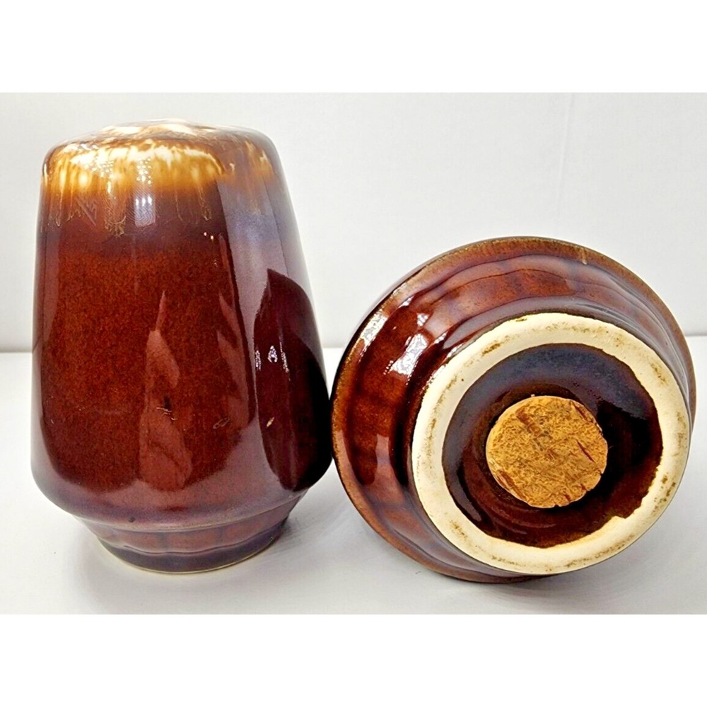 Vintage Brown Drop Glazed Pottery 4" Tall - Salt and Pepper Shakers (Cork Plug)